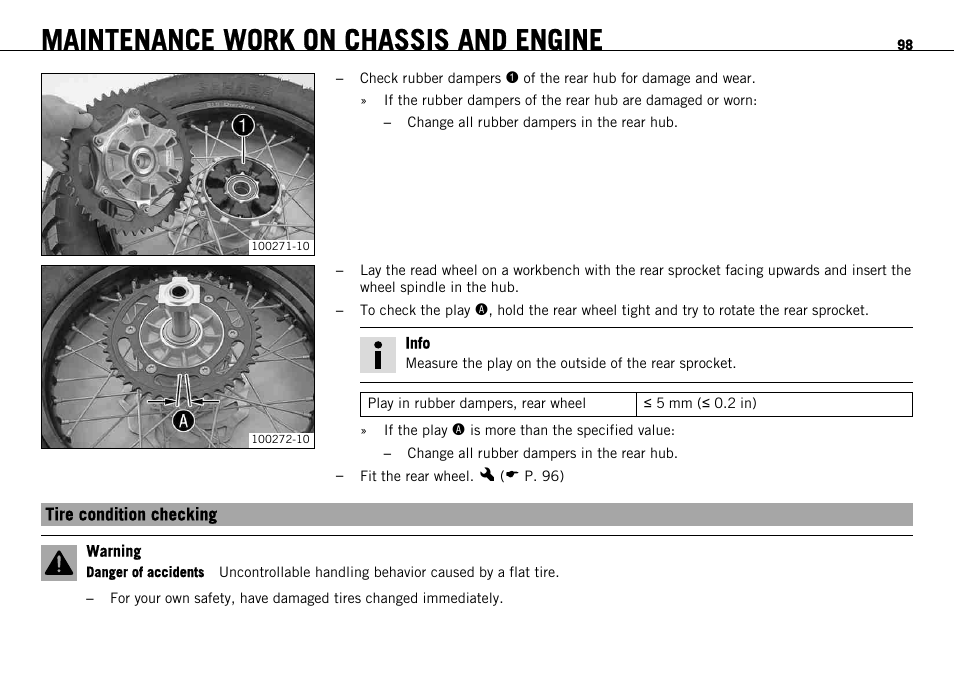 Tire condition checking, P. 98), Maintenance work on chassis and engine | KTM 690 ENDURO EU User Manual | Page 100 / 179