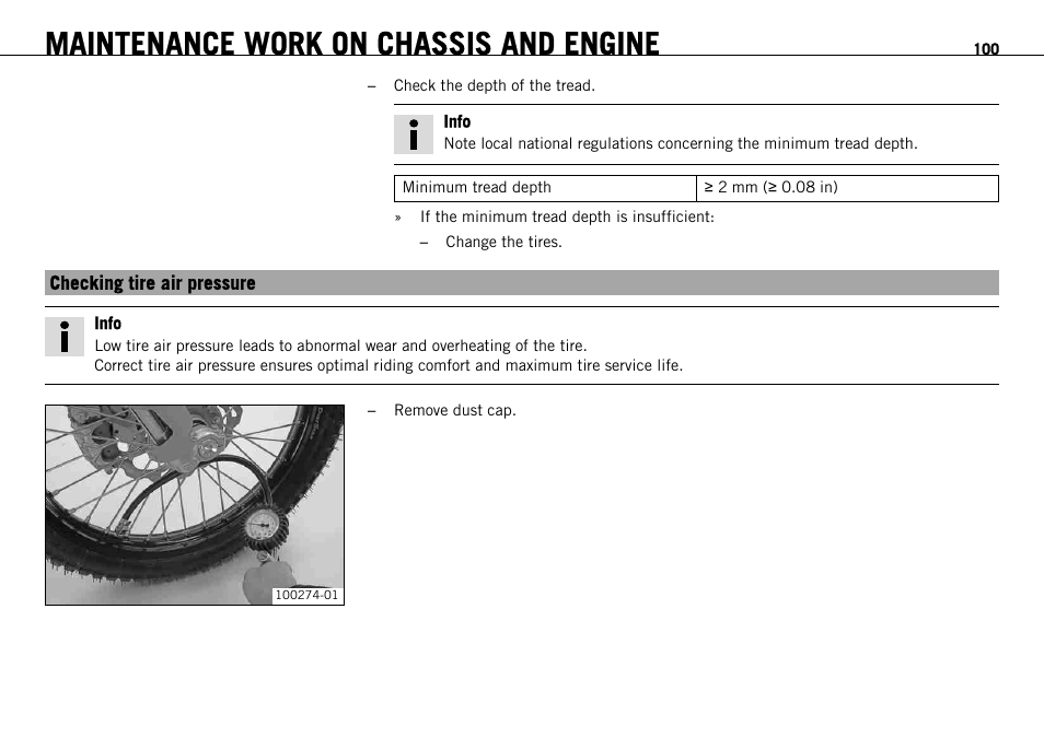 Checking tire air pressure, P. 100), Maintenance work on chassis and engine | KTM 690 ENDURO EU User Manual | Page 102 / 179