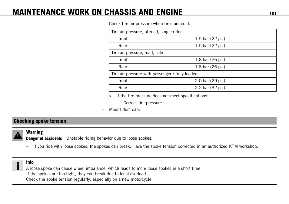 Checking spoke tension, P. 101), Maintenance work on chassis and engine | KTM 690 ENDURO EU User Manual | Page 103 / 179