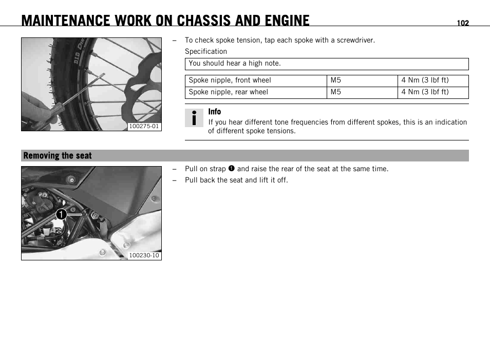 Removing the seat, Maintenance work on chassis and engine | KTM 690 ENDURO EU User Manual | Page 104 / 179