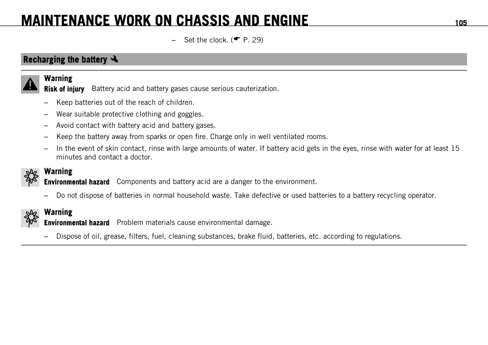 Recharging the battery x, Recharging the battery, Maintenance work on chassis and engine | KTM 690 ENDURO EU User Manual | Page 107 / 179