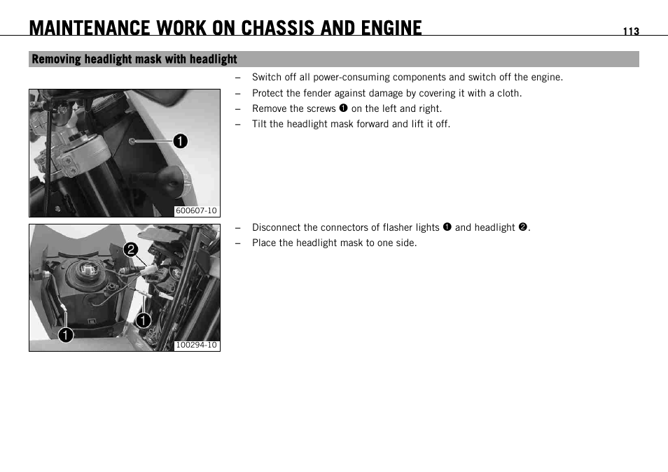 Removing headlight mask with headlight, Maintenance work on chassis and engine | KTM 690 ENDURO EU User Manual | Page 115 / 179