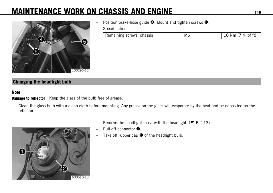 Changing the headlight bulb, Maintenance work on chassis and engine | KTM 690 ENDURO EU User Manual | Page 117 / 179