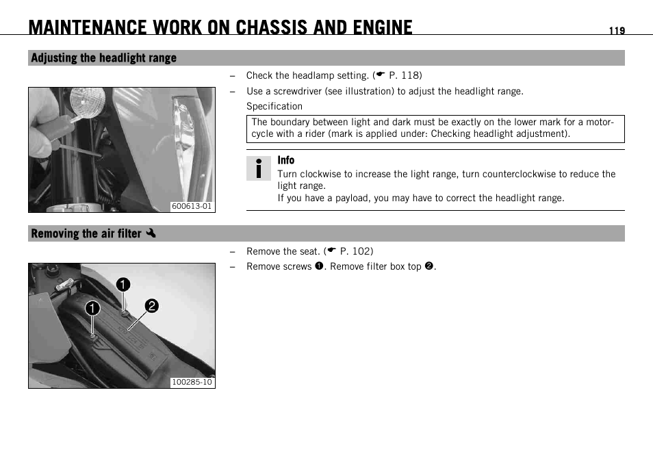 Adjusting the headlight range, Removing the air filter x, P. 119) | Maintenance work on chassis and engine | KTM 690 ENDURO EU User Manual | Page 121 / 179