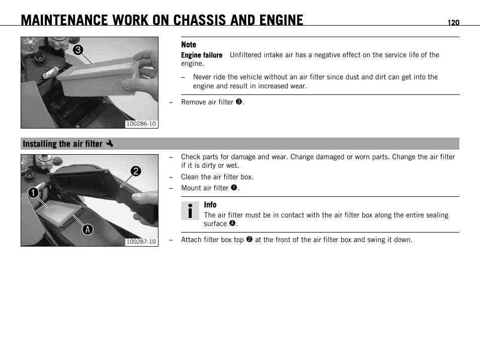 Installing the air filter x, Installing the air filter, Maintenance work on chassis and engine | KTM 690 ENDURO EU User Manual | Page 122 / 179