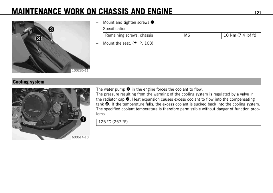 Cooling system, Maintenance work on chassis and engine | KTM 690 ENDURO EU User Manual | Page 123 / 179