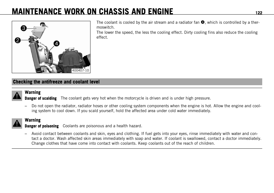 Checking the antifreeze and coolant level, P. 122), Maintenance work on chassis and engine | KTM 690 ENDURO EU User Manual | Page 124 / 179