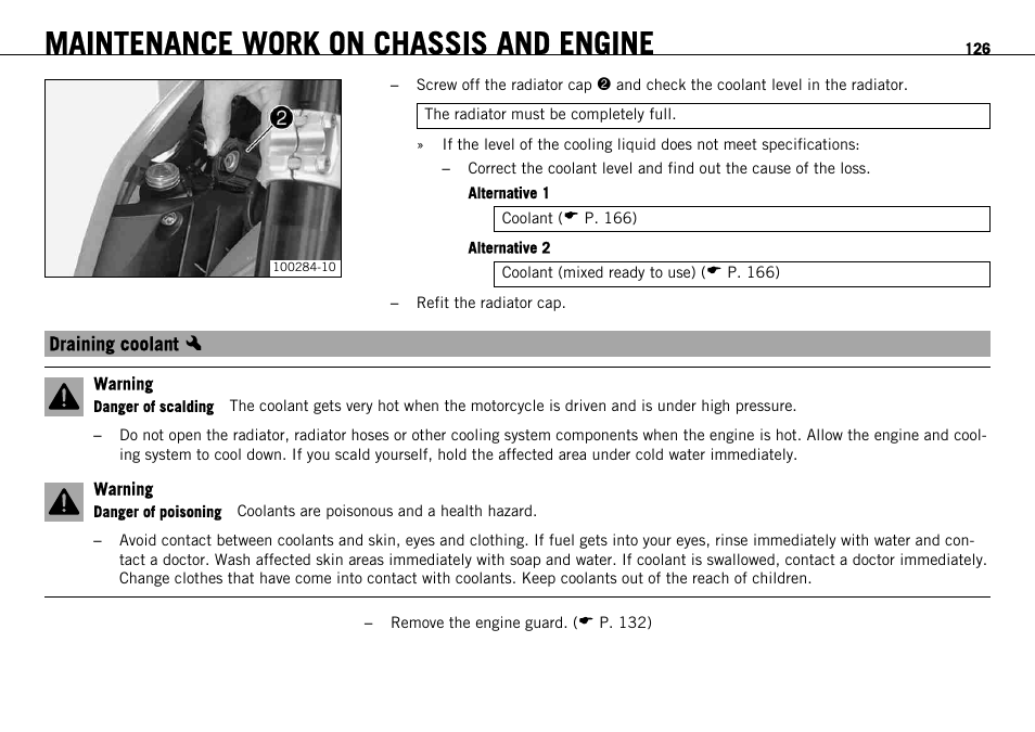 Draining coolant x, Draining coolant, Maintenance work on chassis and engine | KTM 690 ENDURO EU User Manual | Page 128 / 179