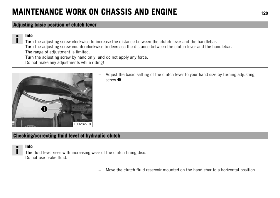 Adjusting basic position of clutch lever, P. 129), Maintenance work on chassis and engine | KTM 690 ENDURO EU User Manual | Page 131 / 179