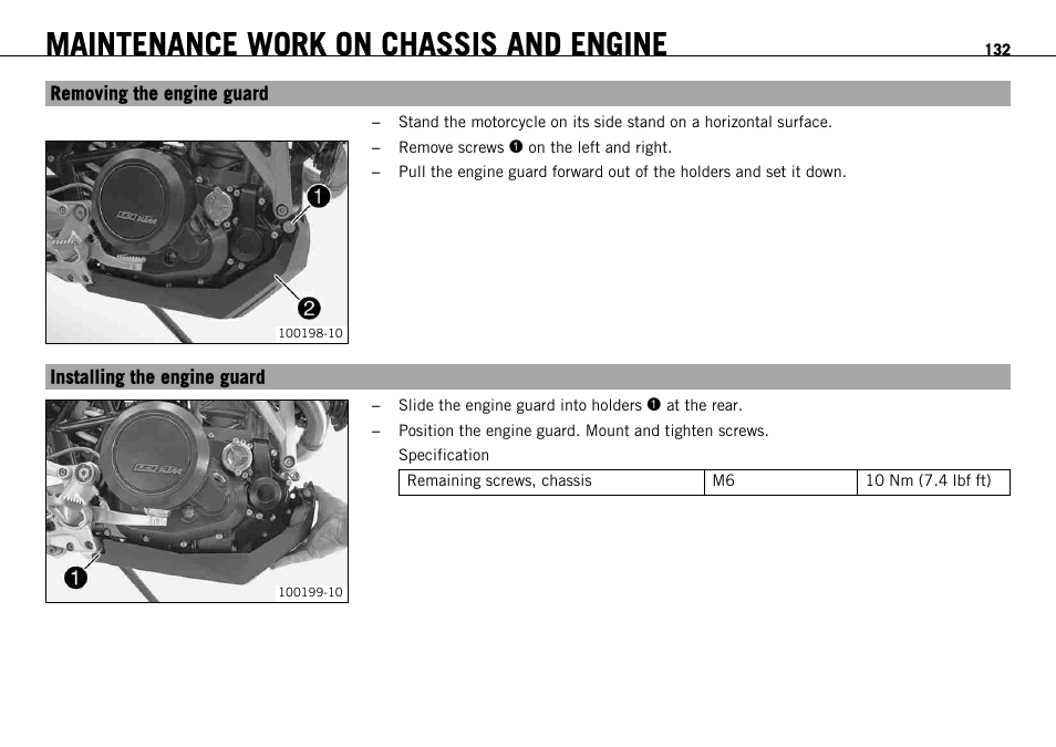 Removing the engine guard, Installing the engine guard, P. 132) | Maintenance work on chassis and engine | KTM 690 ENDURO EU User Manual | Page 134 / 179