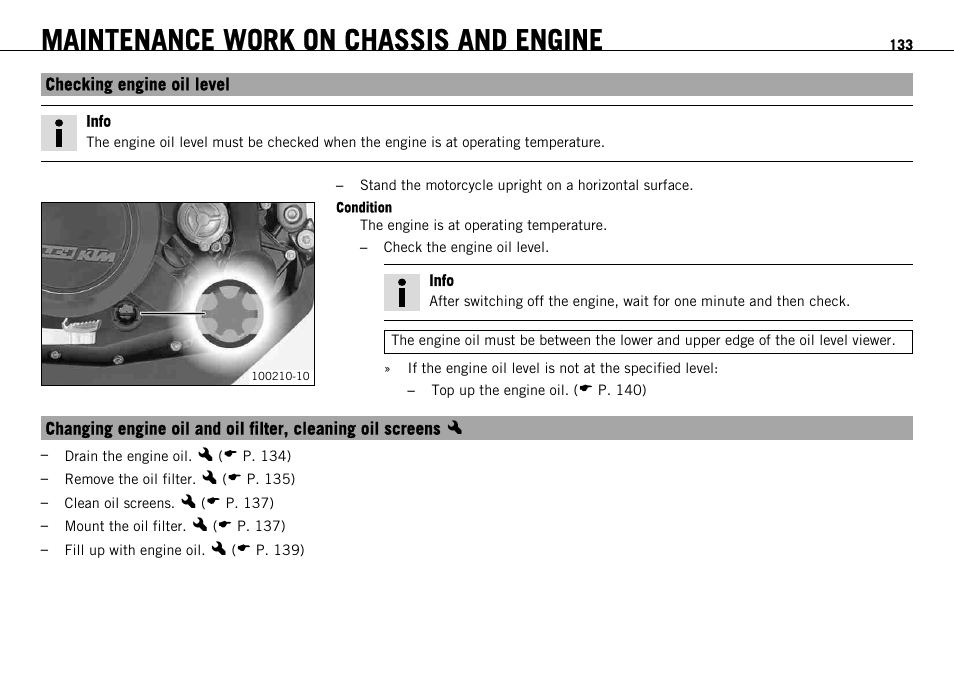 Checking engine oil level, P. 133), Maintenance work on chassis and engine | KTM 690 ENDURO EU User Manual | Page 135 / 179