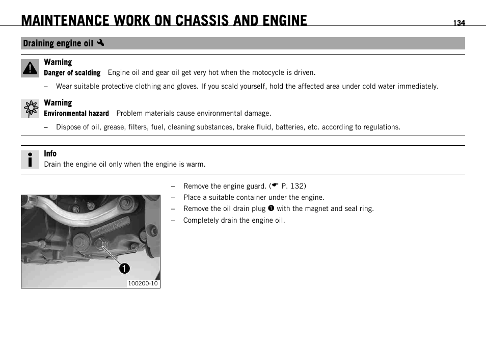 Draining engine oil x, Draining engine oil, P. 134) | Maintenance work on chassis and engine | KTM 690 ENDURO EU User Manual | Page 136 / 179