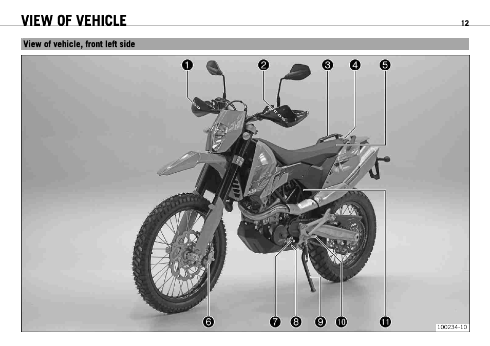 View of vehicle, View of vehicle, front left side | KTM 690 ENDURO EU User Manual | Page 14 / 179