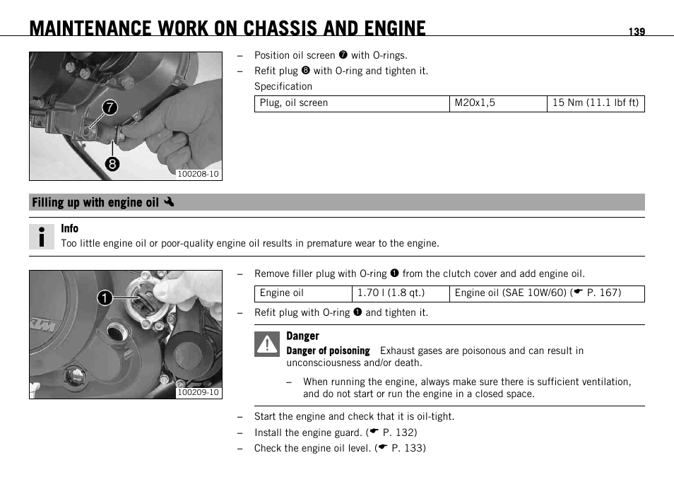 Filling up with engine oil x, Filling up with engine oil, P. 139) | Maintenance work on chassis and engine | KTM 690 ENDURO EU User Manual | Page 141 / 179