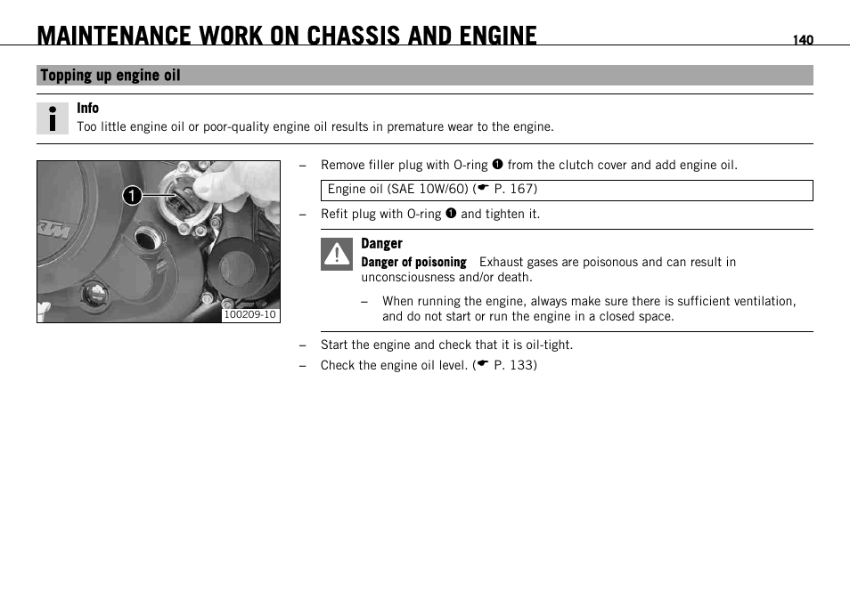 Topping up engine oil, P. 140), Maintenance work on chassis and engine | KTM 690 ENDURO EU User Manual | Page 142 / 179