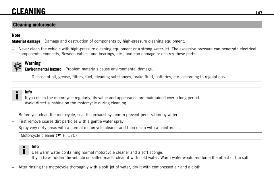Cleaning, Cleaning motorcycle | KTM 690 ENDURO EU User Manual | Page 149 / 179