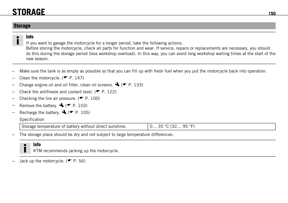 Storage | KTM 690 ENDURO EU User Manual | Page 152 / 179