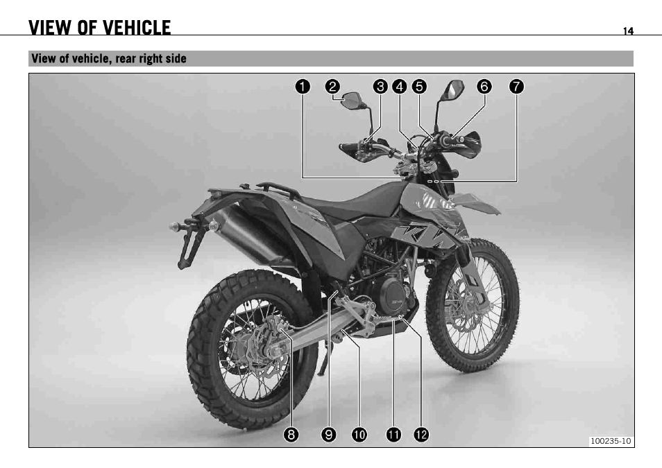 View of vehicle, rear right side, View of vehicle | KTM 690 ENDURO EU User Manual | Page 16 / 179