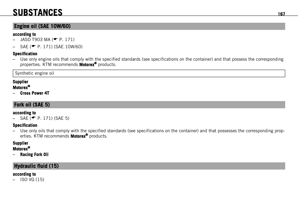 P. 167), Substances | KTM 690 ENDURO EU User Manual | Page 169 / 179