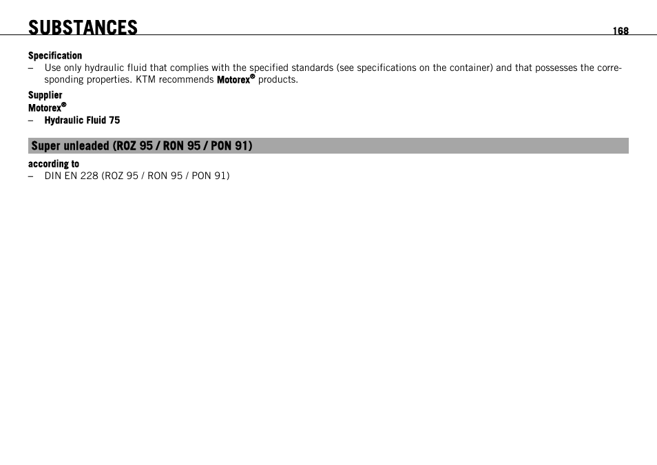 P. 168), Substances | KTM 690 ENDURO EU User Manual | Page 170 / 179