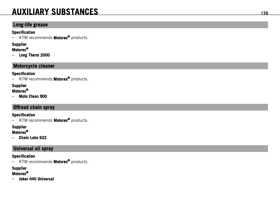 P. 170), Auxiliary substances | KTM 690 ENDURO EU User Manual | Page 172 / 179