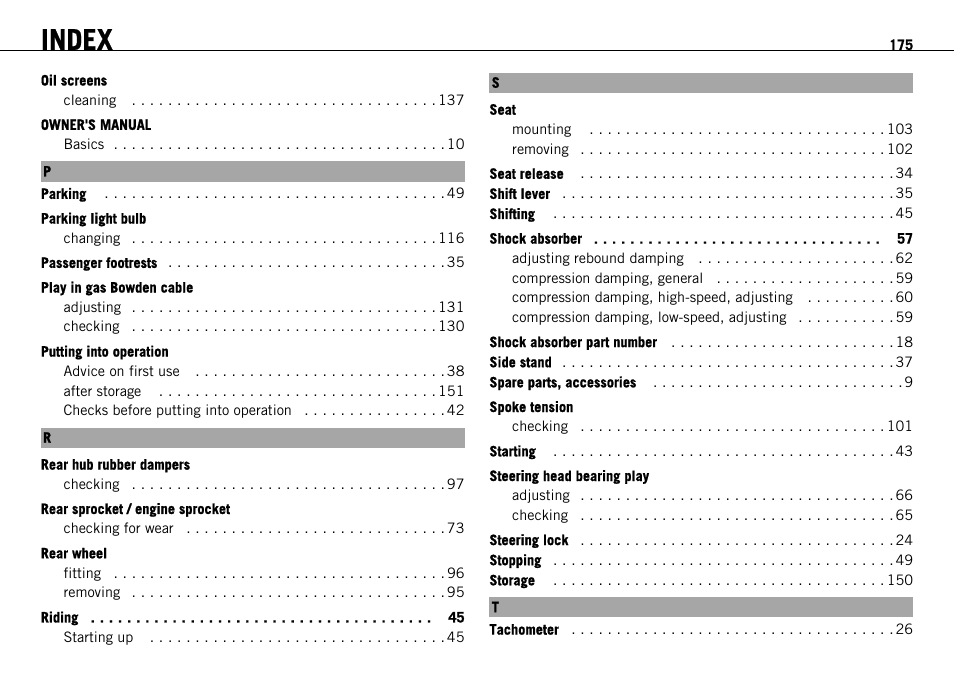 Index | KTM 690 ENDURO EU User Manual | Page 177 / 179