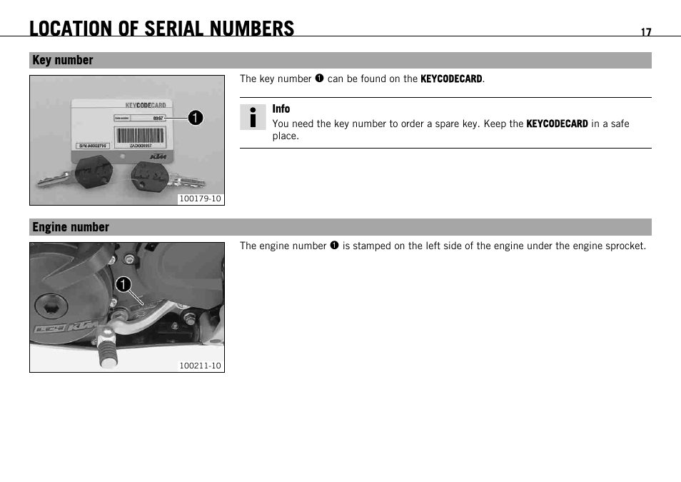 Key number, Engine number, P. 17) | Key number engine number, Location of serial numbers | KTM 690 ENDURO EU User Manual | Page 19 / 179