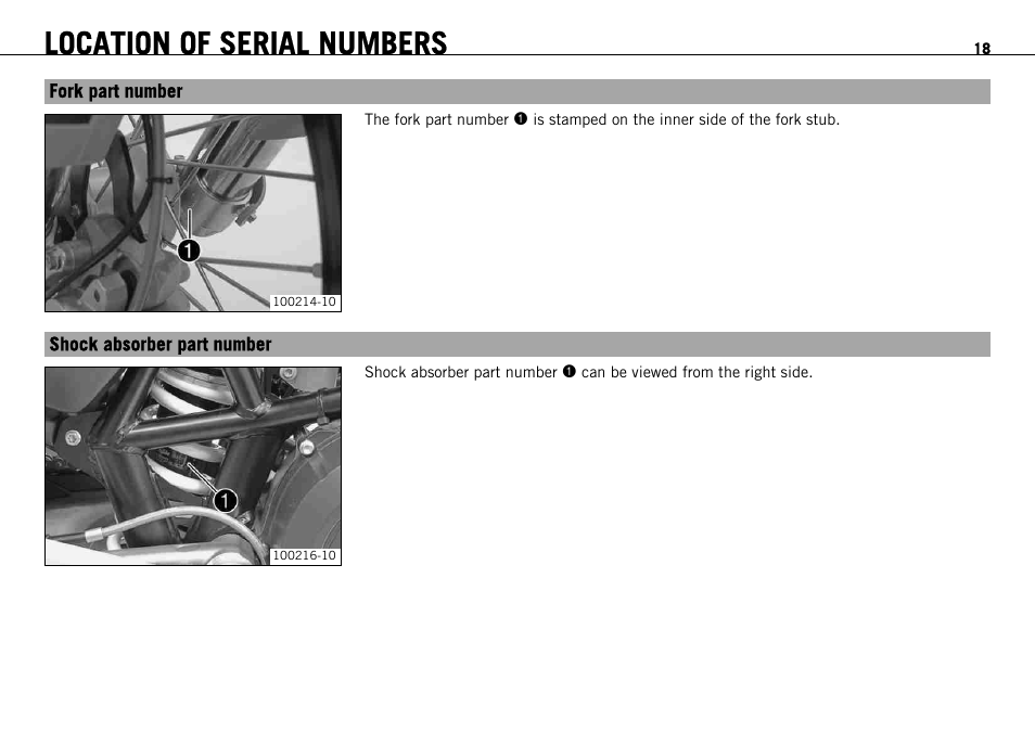Fork part number, Shock absorber part number, Fork part number shock absorber part number | Location of serial numbers | KTM 690 ENDURO EU User Manual | Page 20 / 179