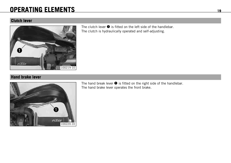 Operating elements, Clutch lever, Hand brake lever | Clutch lever hand brake lever | KTM 690 ENDURO EU User Manual | Page 21 / 179
