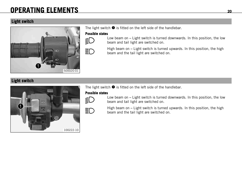 Light switch, Light switch light switch, Operating elements | KTM 690 ENDURO EU User Manual | Page 22 / 179
