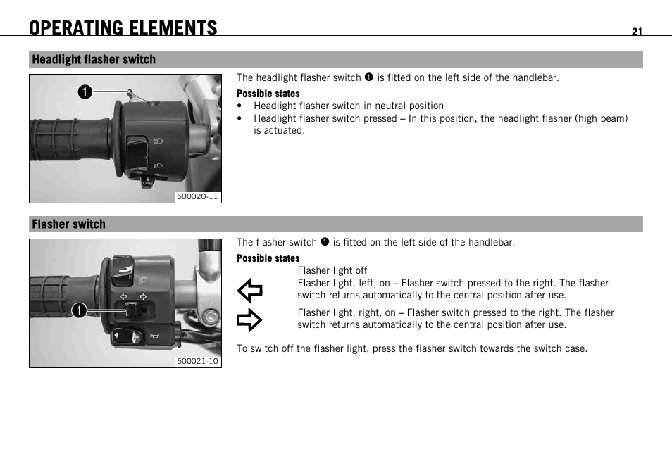 Headlight flasher switch, Flasher switch, Headlight flasher switch flasher switch | Operating elements | KTM 690 ENDURO EU User Manual | Page 23 / 179