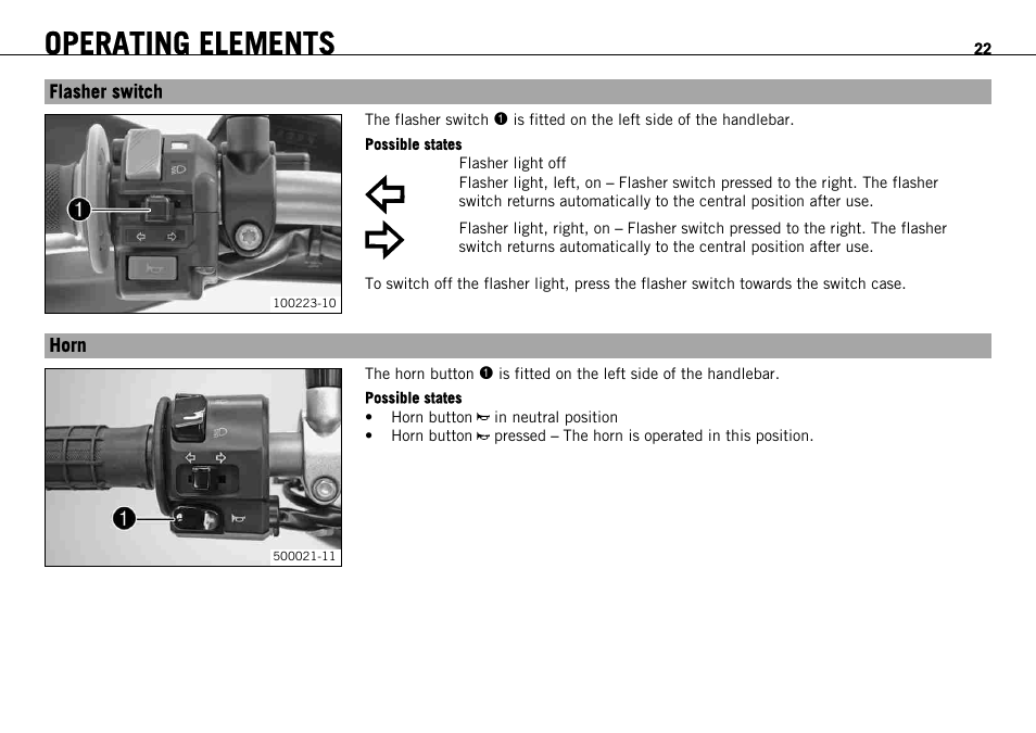 Flasher switch, Horn, Flasher switch horn | Operating elements | KTM 690 ENDURO EU User Manual | Page 24 / 179