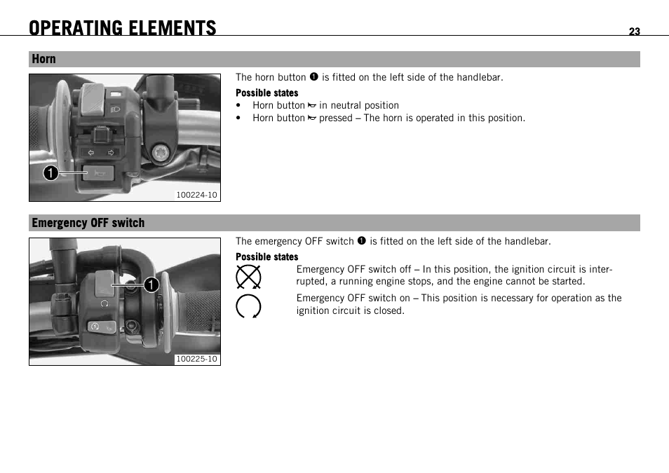 Horn, Emergency off switch, Horn emergency off switch | Operating elements | KTM 690 ENDURO EU User Manual | Page 25 / 179