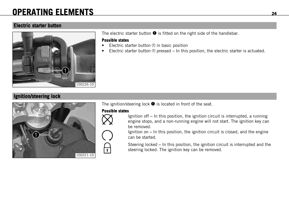 Electric starter button, Ignition/steering lock, Electric starter button ignition/steering lock | Operating elements | KTM 690 ENDURO EU User Manual | Page 26 / 179