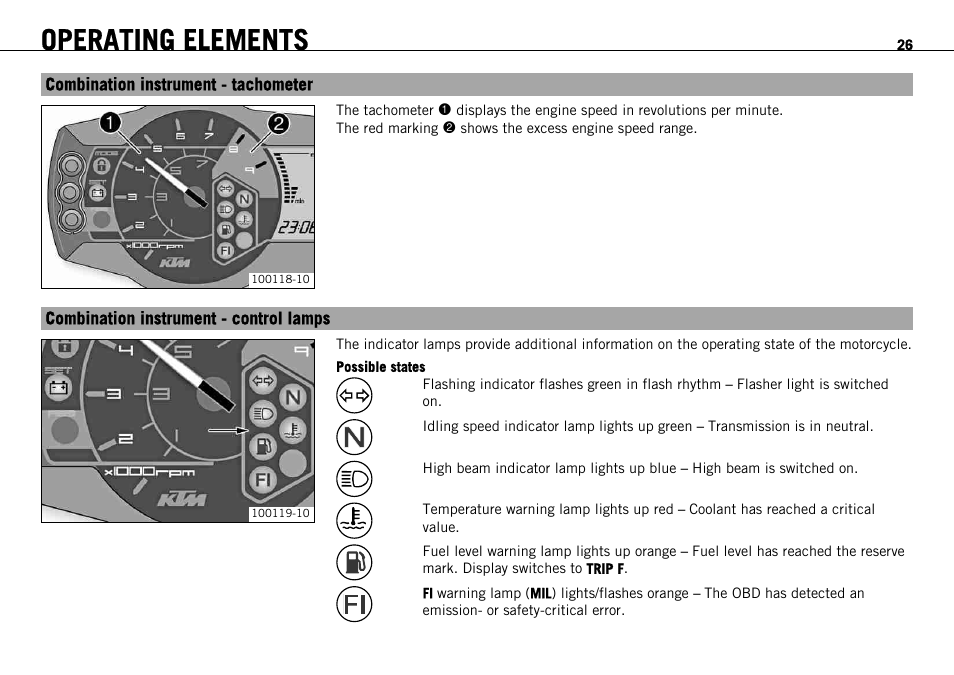 Combination instrument - tachometer, Combination instrument - control lamps, Operating elements | KTM 690 ENDURO EU User Manual | Page 28 / 179
