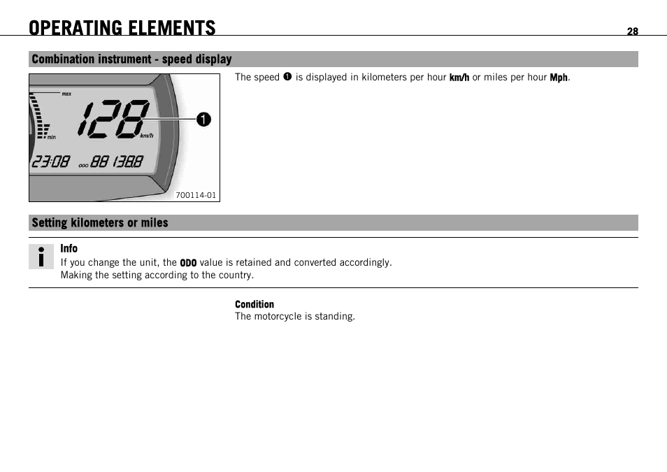 Combination instrument - speed display, Setting kilometers or miles, Operating elements | KTM 690 ENDURO EU User Manual | Page 30 / 179