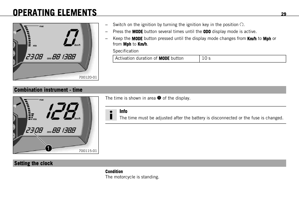 Combination instrument - time, Setting the clock, Combination instrument - time setting the clock | Operating elements | KTM 690 ENDURO EU User Manual | Page 31 / 179