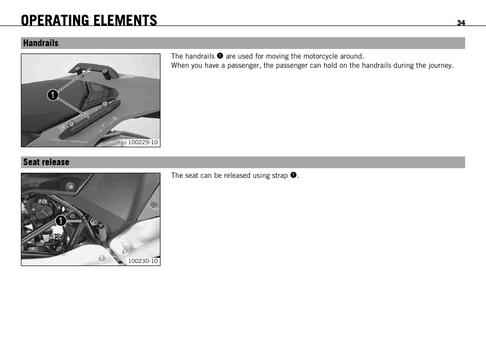 Handrails, Seat release, Handrails seat release | Operating elements | KTM 690 ENDURO EU User Manual | Page 36 / 179