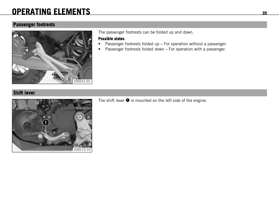Passenger footrests, Shift lever, Passenger footrests shift lever | Operating elements | KTM 690 ENDURO EU User Manual | Page 37 / 179