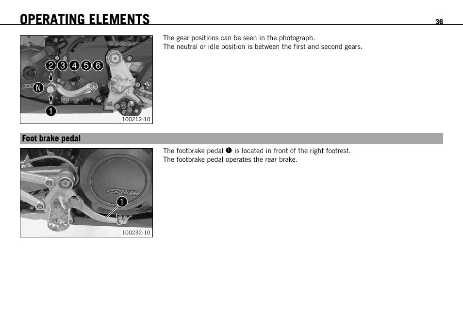 Foot brake pedal, Operating elements | KTM 690 ENDURO EU User Manual | Page 38 / 179