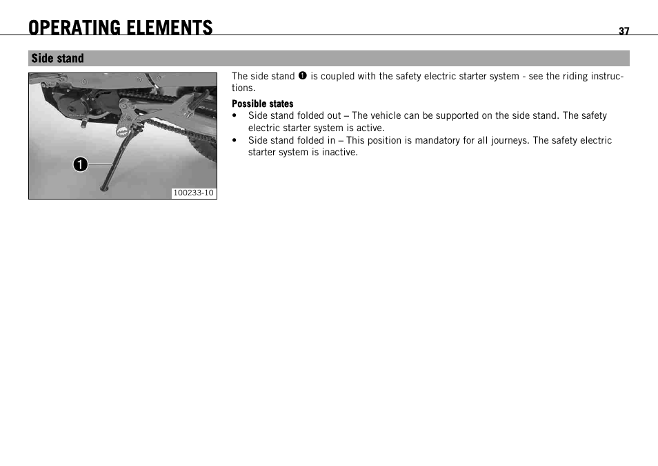 Side stand, Operating elements | KTM 690 ENDURO EU User Manual | Page 39 / 179