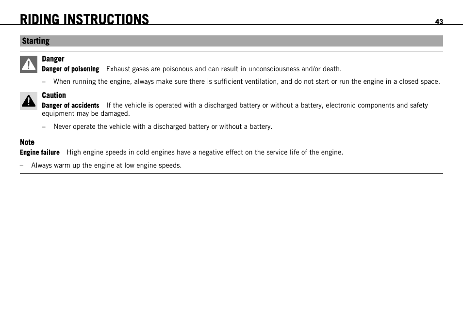 Starting, Riding instructions | KTM 690 ENDURO EU User Manual | Page 45 / 179