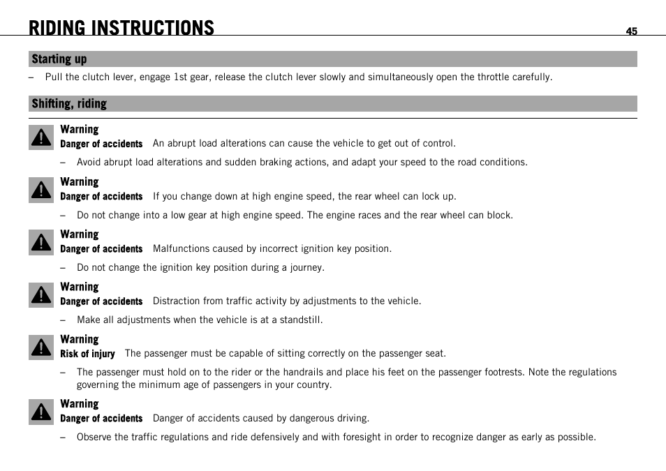 Starting up, Shifting, riding, Starting up shifting, riding | Riding instructions | KTM 690 ENDURO EU User Manual | Page 47 / 179