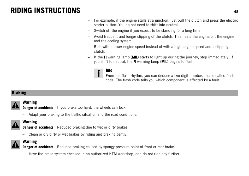 Braking, Riding instructions | KTM 690 ENDURO EU User Manual | Page 50 / 179
