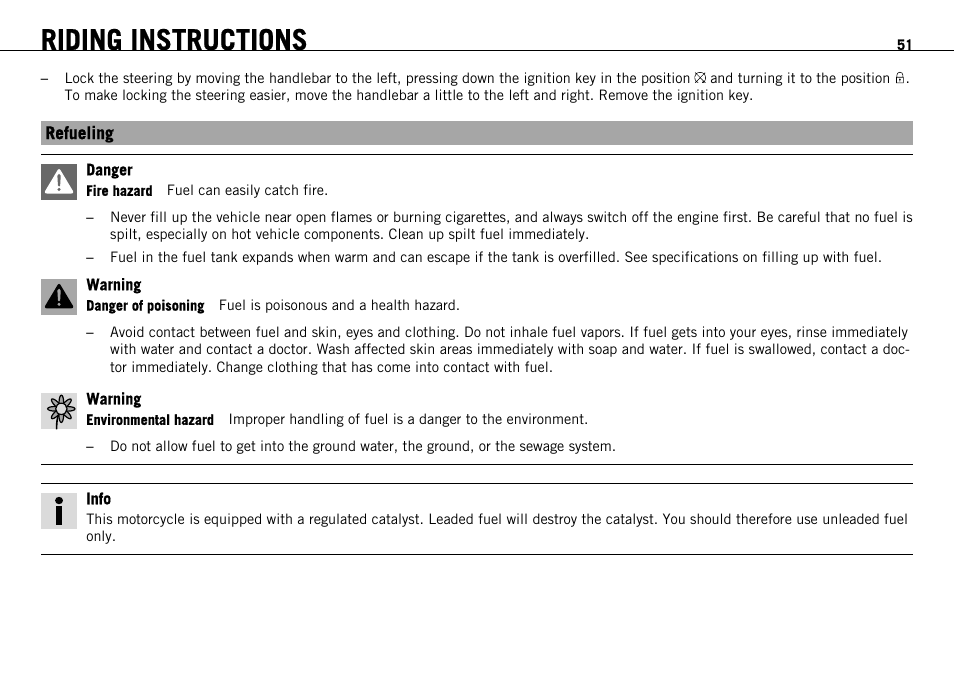 Refueling, Riding instructions | KTM 690 ENDURO EU User Manual | Page 53 / 179