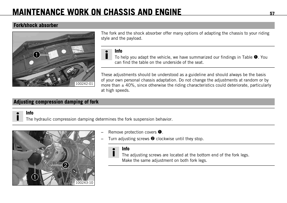 Fork/shock absorber, Adjusting compression damping of fork, Maintenance work on chassis and engine | KTM 690 ENDURO EU User Manual | Page 59 / 179