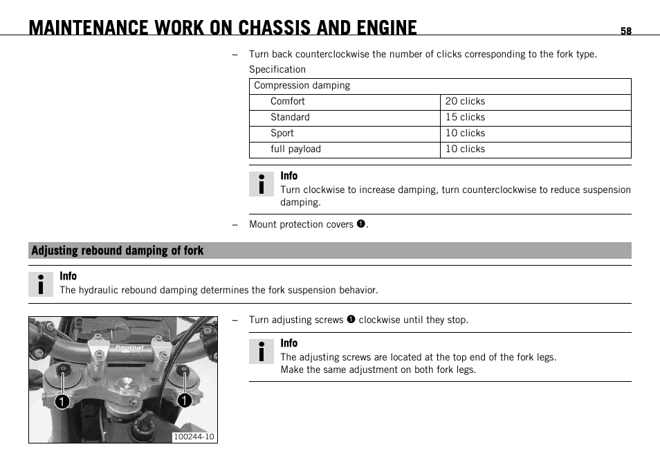 Adjusting rebound damping of fork, Maintenance work on chassis and engine | KTM 690 ENDURO EU User Manual | Page 60 / 179