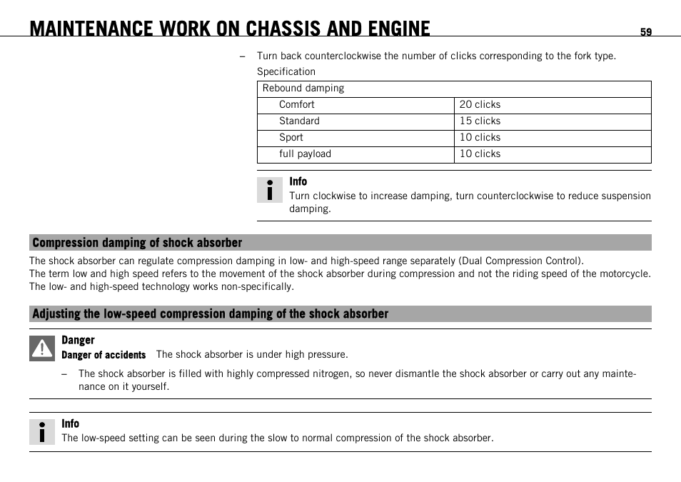 Compression damping of shock absorber, Maintenance work on chassis and engine | KTM 690 ENDURO EU User Manual | Page 61 / 179