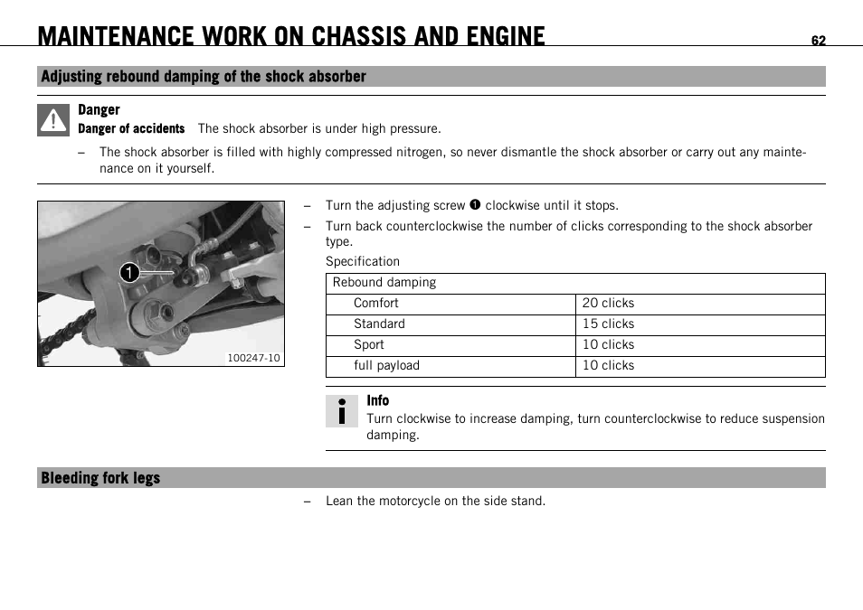 Adjusting rebound damping of the shock absorber, Bleeding fork legs, P. 62) | Maintenance work on chassis and engine | KTM 690 ENDURO EU User Manual | Page 64 / 179