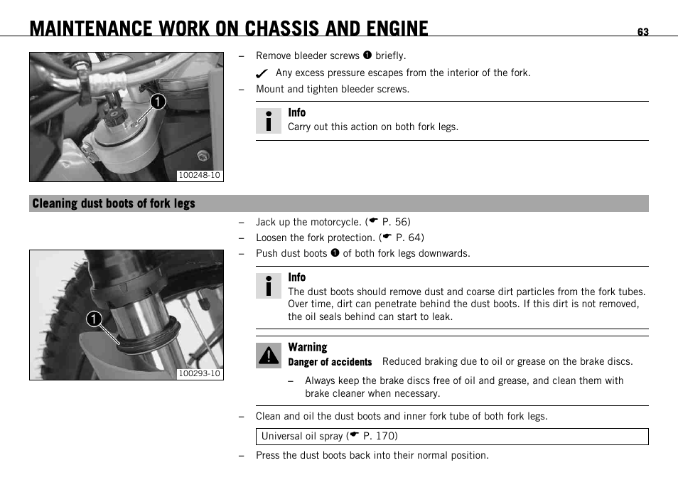 Cleaning dust boots of fork legs, Maintenance work on chassis and engine | KTM 690 ENDURO EU User Manual | Page 65 / 179